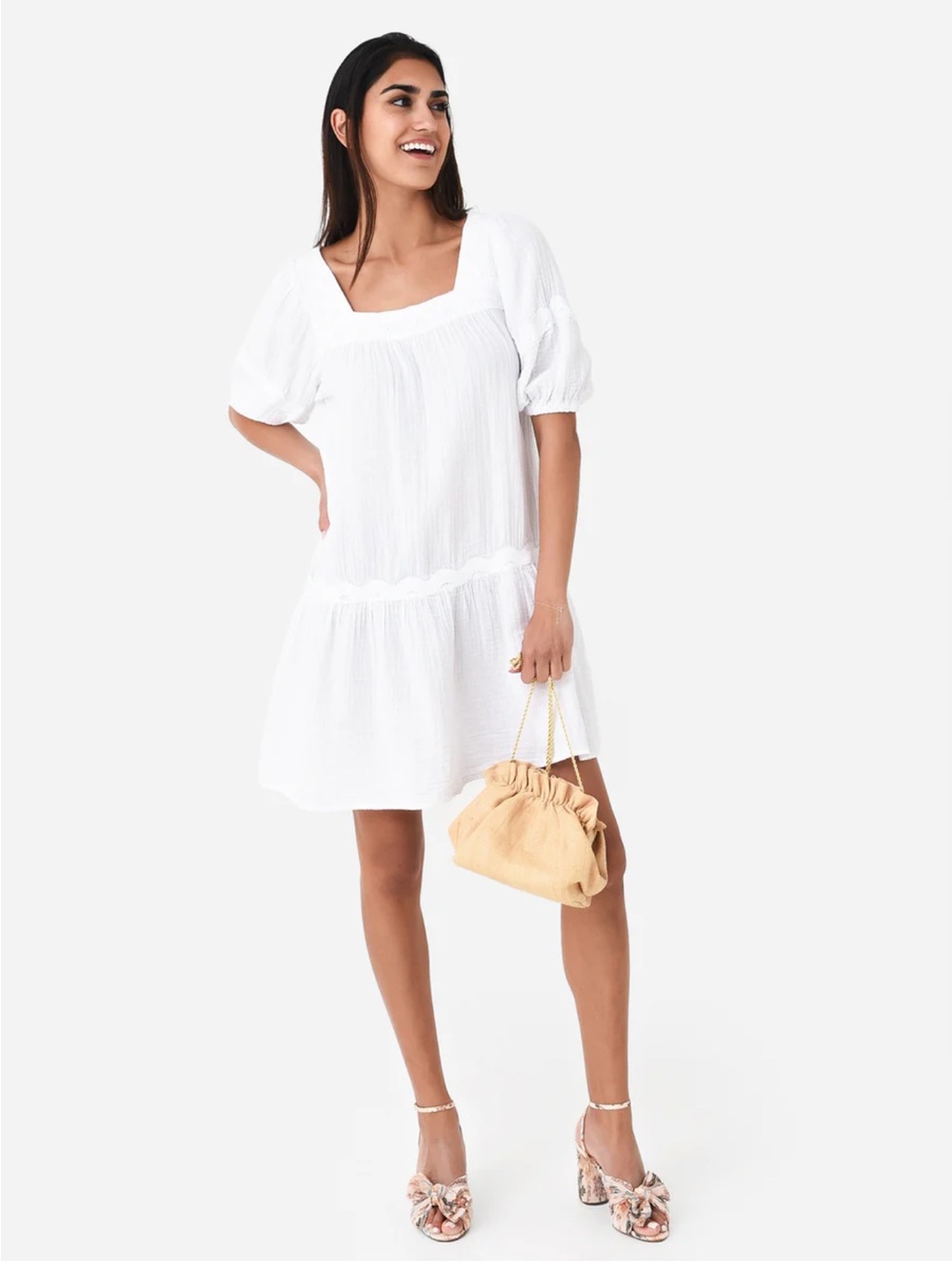 Stark X Women Dress XS white Cottagecore Zig Zag Puff Sleeve Cotton Gauze Flowy